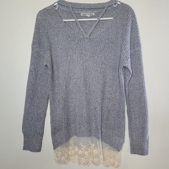 Moral Fiber Knit Sweater Gray Small Lace Hem Cut-Out Neckline Women's Dainty - Picture 1 of 12